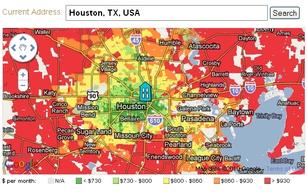 Concentric rings of higher costs surround Houston.