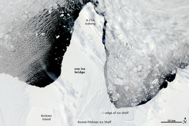 The Ronne-Filchner Ice Shelf in West Antarctica on the afternoon of 12 January 2010 .: NASA images courtesy Jeff Schmaltz, MODIS Rapid Response Team at NASA GSFC.