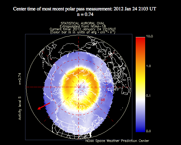 This plot shows the current extent and position of the auroral oval in the northern hemisphere, extrapolated from measurements taken during the most recent polar pass of the NOAA POES satellite: NOAA.