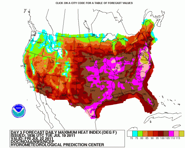 Predicted heat index for Friday, 22 July, 2011. Credit: NOAA.