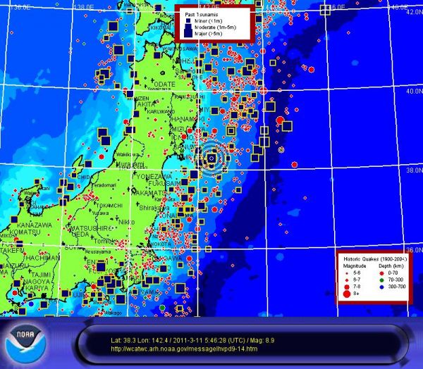 This map shows the details of Japan's 8.9 source earthquake, embedded in a map of its historically larger quakes and tsunamis.