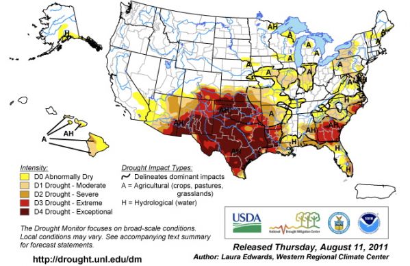 Drought monitor for 9 August 2011. Credit: Laura Edwards, Western Regional Climate Center, NOAA. 
