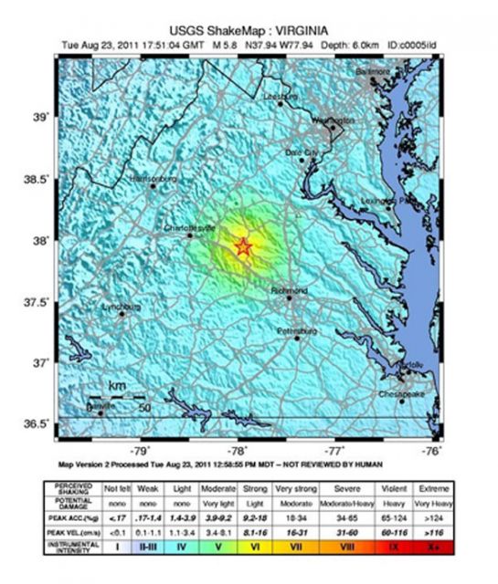 Intensità della scossa nelle vicinanze del terremoto: Cortesia USGS's vicinity.: Courtesy USGS