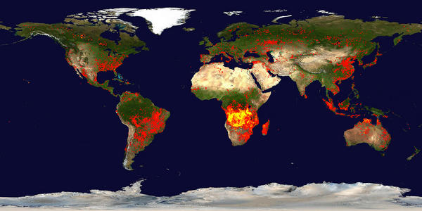 Fire map. Credit: Jacques Descloitres. Fire detection algorithm developed by Louis Giglio. Blue Marble background image created by Reto Stokli.