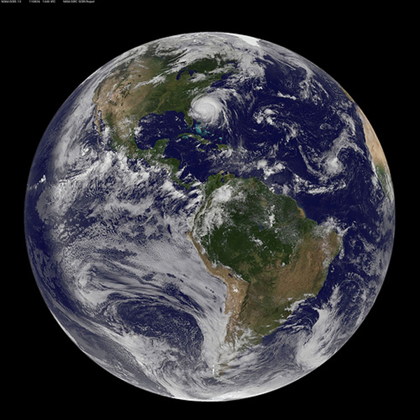 The earth, as of Friday morning. Irene moves in on the East Coast.: NASA Goddard Video and Photo/Flickr