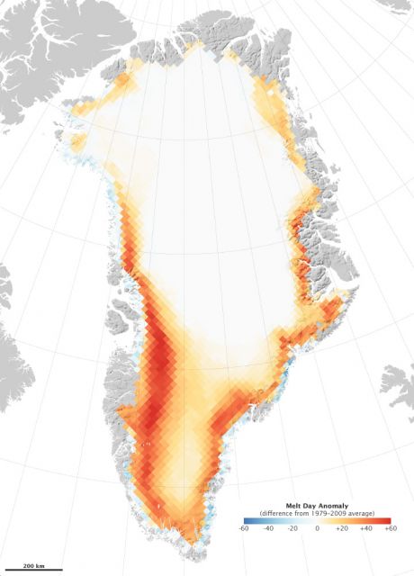 Number of melt days per year in 2010 compared to average of 1979-2009. Credit: NASA Earth Observatory image by Robert Simmon, based on data from Marco Tedesco, City College of New York.