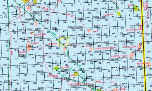 Map detail: Mississippi Canyon; BP spill site circled.