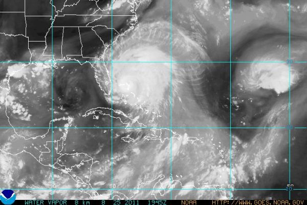 Water vapor, showing massive footprint of Hurricane Irene at 1945 UTC on 25 Aug 2011. Credit: NOAA.