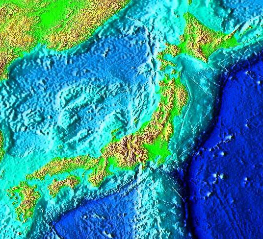 The Japanese Islands are situated along a line to the west of the Japan Trench. Credit: NOAA, via Wikimedia Commons.