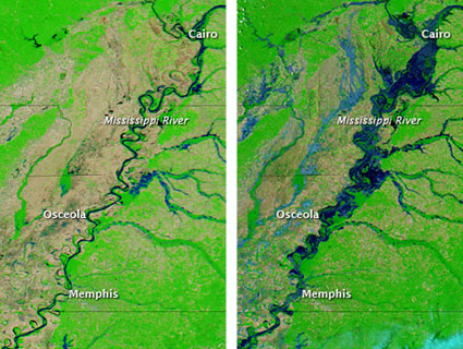 Images of the Mississippi River, before and after the flooding.: NASA Earth Observatory