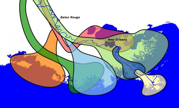 Mississippi River Delta switching during the past 4,600 years. Credit: Wikimedia Commons. 