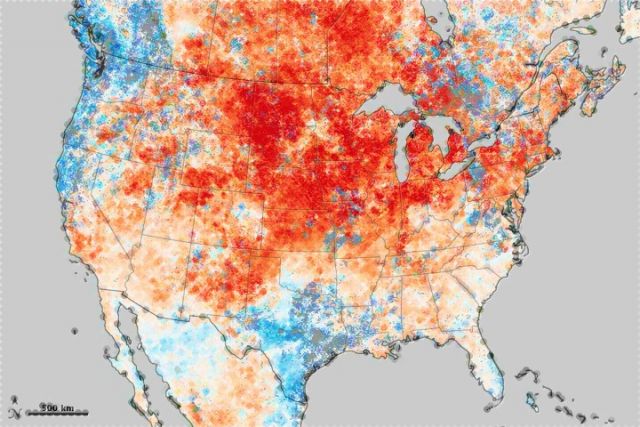 Historic heat wave in N. America turns winter to summer: NASA Earth Observatory image by Jesse Allen, using data from the Level 1 and Atmospheres Active Distribution System (LAADS).