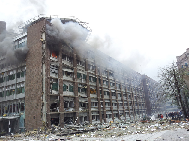 OSLO, NORWAY - Debris is seen on the street after a powerful explosion, which blew out most windows on the 17-storey building housing Prime Minister Jens Stoltenberg's office, rocked central Oslo Friday.: Morten Holm/Scanpix/Zuma