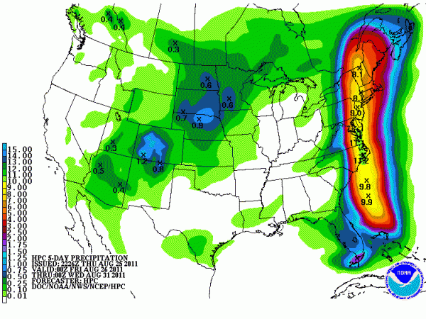 Predicted rainfall from 25-31 August 2011. Credit: NOAA/NWS HPC.