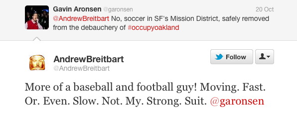 Offsides: Breitbart demurs to a invitation to a friendly soccer match.