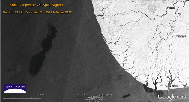 Shell's 100-mile-long oil slick off the Nigerian coast, 21 December 2011.: Envisat ASAR image analyzed by SkyTruth, data courtesy European Space Agency.