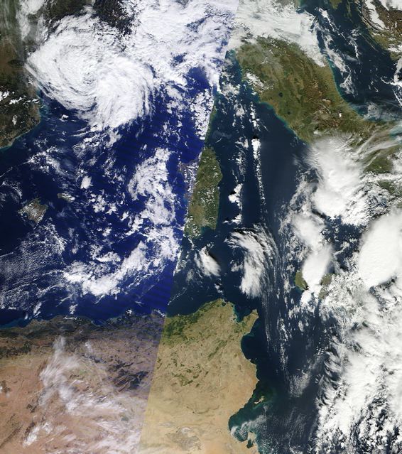 Hybrid tropical-extratropical storm 'Rolf' in the Mediterranean Sea 9 Nov 2011.: Credit: MODIS/NASA.
