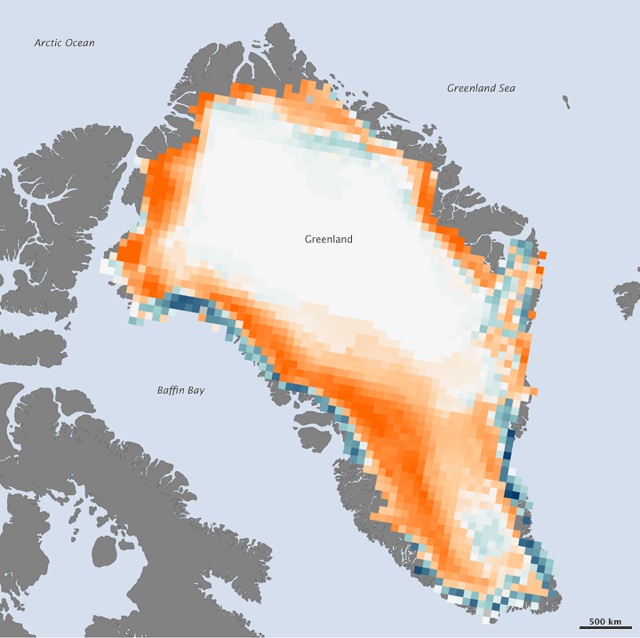 Surface-melt days in 2011 compared to 1979-2010 average: orange=fewer days; blue=fewer days; white=no difference from average, or twoo small to detect. : Image and caption courtesy NOAA’s Climate.gov Website.