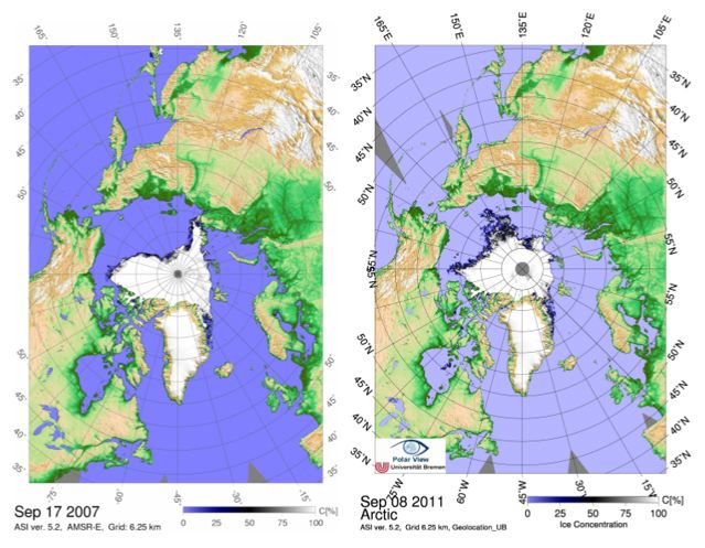 Sea ice concentration maps of the minimum on 17 Sept 2007 and of the first day of historic minimum on 8 Sept 2011. The 2011 sea ice minima could reduce further in the next days. Credit: University of Bremen.