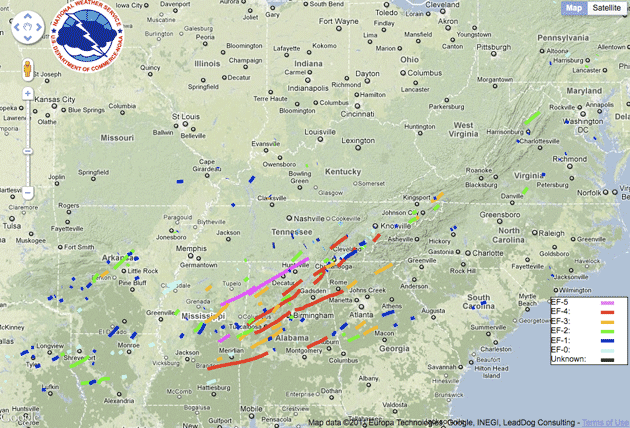 Preliminary map of April 2011 tornado tracks.: National Weather Service