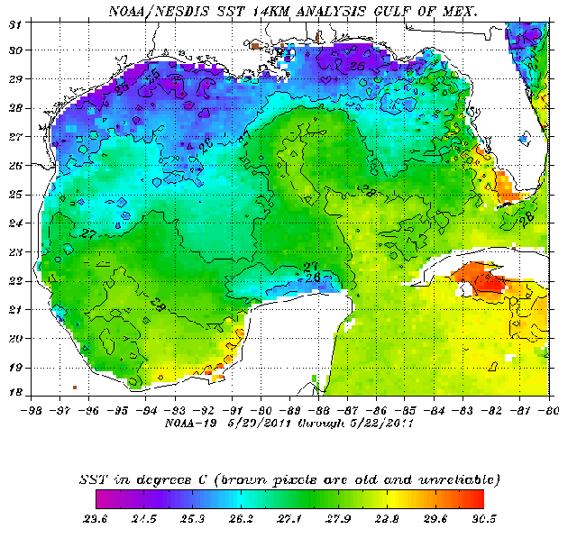 Sea surface temperature contours in the Gulf of Mexico between May 20 and May 22, 2011.: NOAA