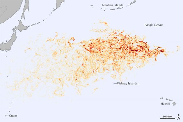 Tsunami debris track.: NASA Earth Observatory image by Jesse Allen, using model data courtesy of Jan Hafner, International Pacific Research Center.