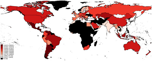 Using an enormous collection of Twitter messages from across the globe, the researchers measured people's positive and negative affect, or mood, worldwide. This map shows the average level of these positive feelings in each country.: Image © Science/AAAS