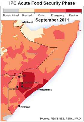 A map of where the famine is hitting hardest. : Source: OCHA