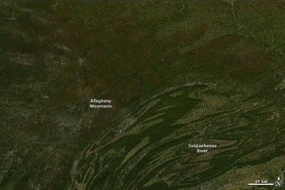 Mountains and highlands of northern Pennsylvania, 8 October 2010. Credit: NASA images courtesy Jeff Schmaltz, MODIS Rapid Response Team at NASA GSFC. Caption by Holli Riebeek.