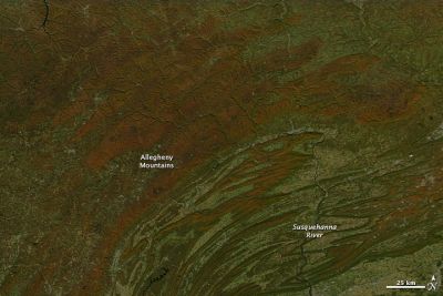 Mountains and highlands of northern Pennsylvania, 13 October 2010. Credit: NASA images courtesy Jeff Schmaltz, MODIS Rapid Response Team at NASA GSFC.