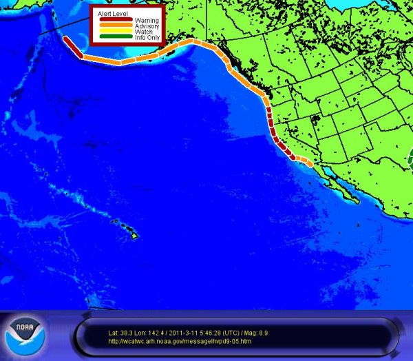 Warning and advisory map via NOAA's West Coast and Alaska Tsunami Warning Center.